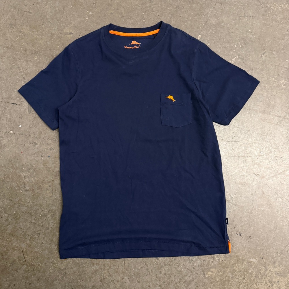 Tommy Bahama Mens Navy Blue Orange Marlin Logo Pocket T-Shirt Small